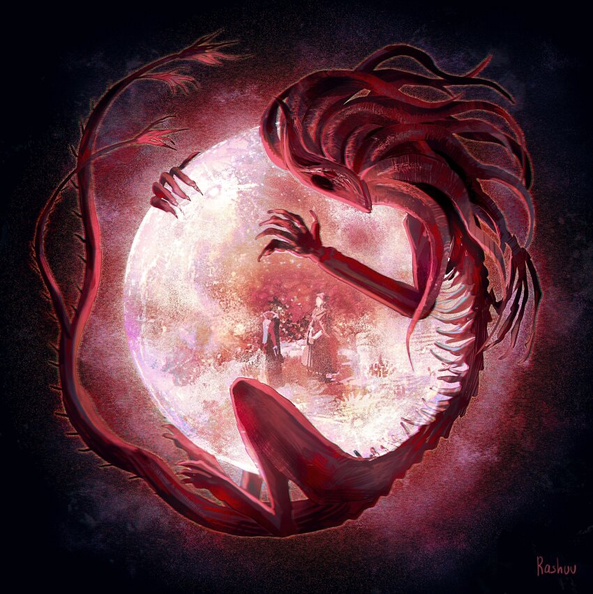 artist_name bloodborne claws commentary eldritch_abomination english_commentary full_moon highres hug monster moon moon_presence_(bloodborne) plain_doll rashuu ribs tail tentacles