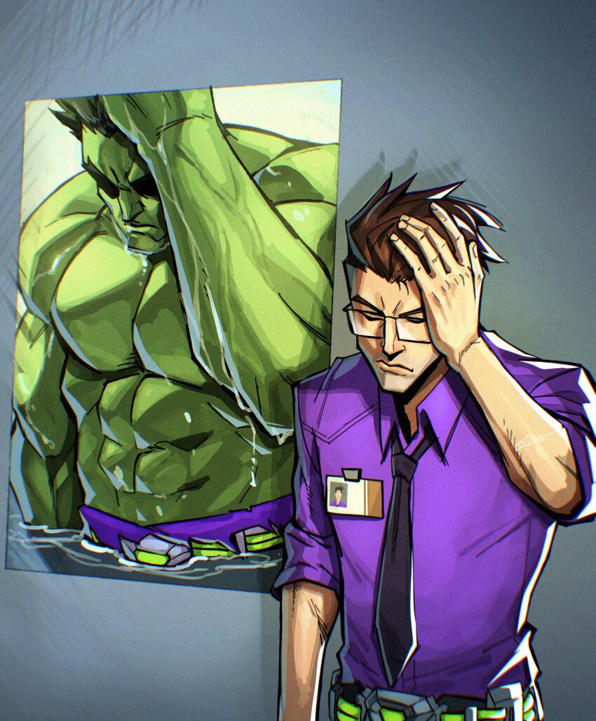 1boy abs absurdres avengers_(series) black_hair black_necktie brown_hair bruce_banner closed_eyes colored_skin commentary dual_persona glasses green_skin grey_background hand_on_own_head highres hulk male_focus marvel marvel_rivals muscular muscular_male necktie poster_(object) purple_shirt real_sixer121 shirt short_hair sleeves_rolled_up solo wet