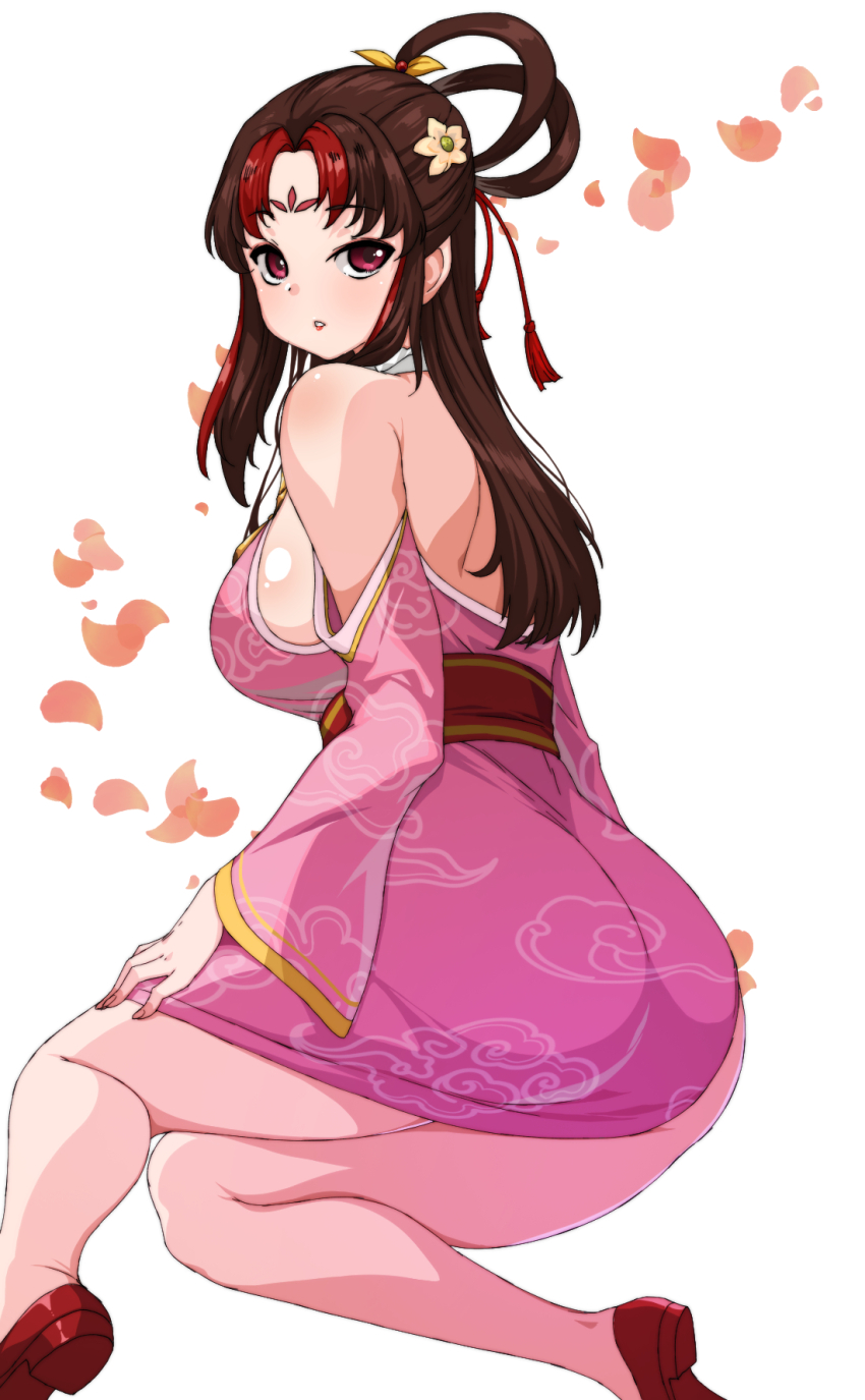 1girl backless_dress backless_outfit bare_shoulders brown_hair chinese_clothes commission commissioner_upload dress facial_mark flower forehead_mark hair_flower hair_ornament hair_rings hero&#039;s_adventure_road_of_passion high_heels highres leaf leaf_background ling_mengdie_(hero&#039;s_adventure_road_of_passion) long_hair lying multicolored_hair non-web_source parted_lips pixiv_commission purple_eyes rantia sash solo streaked_hair teeth