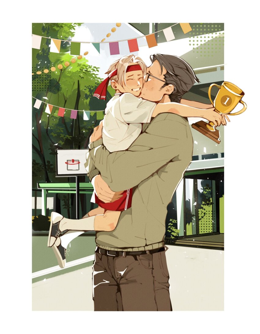 2boys ace_attorney aged_down basketball_hoop belt black_belt black_footwear black_hair border brown_pants building bunting child closed_eyes dbandbanart father_and_son green_sweater gregory_edgeworth grey_hair hashtag-only_commentary headband highres holding holding_trophy hug male_focus miles_edgeworth multiple_boys outdoors pants red_headband red_shorts shirt shoes short_hair shorts sneakers socks sports_festival sweater teeth tree trophy white_border white_shirt white_socks