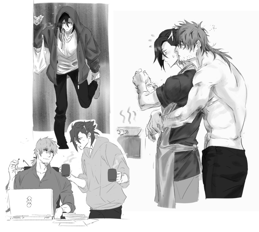 2boys abs apron bcbcmmmmm computer cup facial_hair fate/grand_order fate_(series) flying_sweatdrops frying_pan goatee greyscale hector_(fate) holding holding_cup hood hood_down hood_up hug hug_from_behind laptop long_hair male_focus mandricardo_(fate) messy_hair monochrome multiple_boys multiple_views pants ponytail sparse_stubble sweatdrop topless_male yaoi