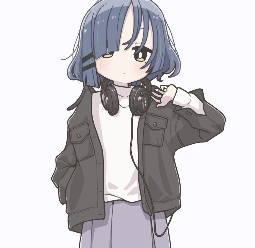 1girl black_coat blue_hair bocchi_the_rock! closed_mouth coat east_sha2 expressionless grey_skirt hair_ornament hair_over_one_eye hairclip headphones headphones_around_neck highres long_sleeves mole mole_under_eye shirt short_hair skirt solo white_shirt yamada_ryo yellow_eyes