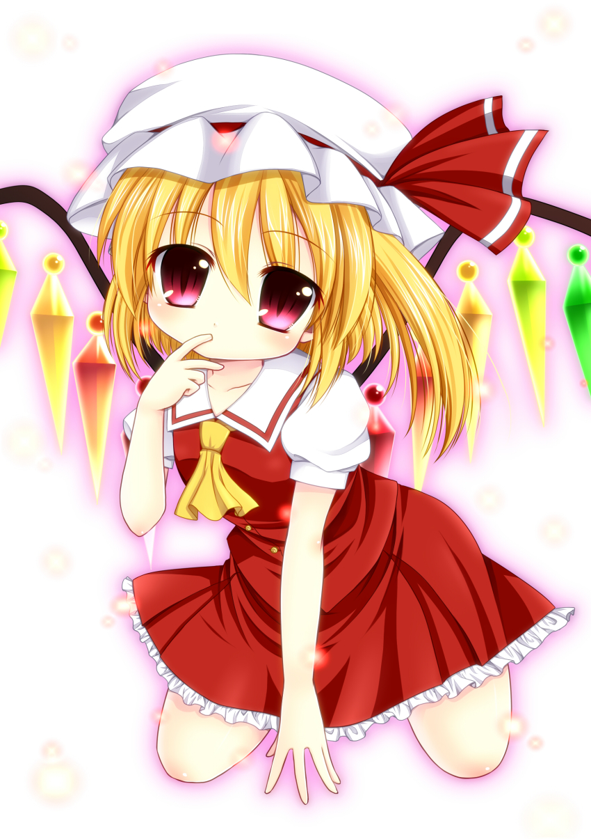 1girl absurdres asazuki_kanai blonde_hair blouse blush collared_shirt female_focus finger_to_mouth flandre_scarlet hair_between_eyes hat highres kanai_amachi kneeling mob_cap red_eyes shirt solo touhou white_hat white_shirt wings
