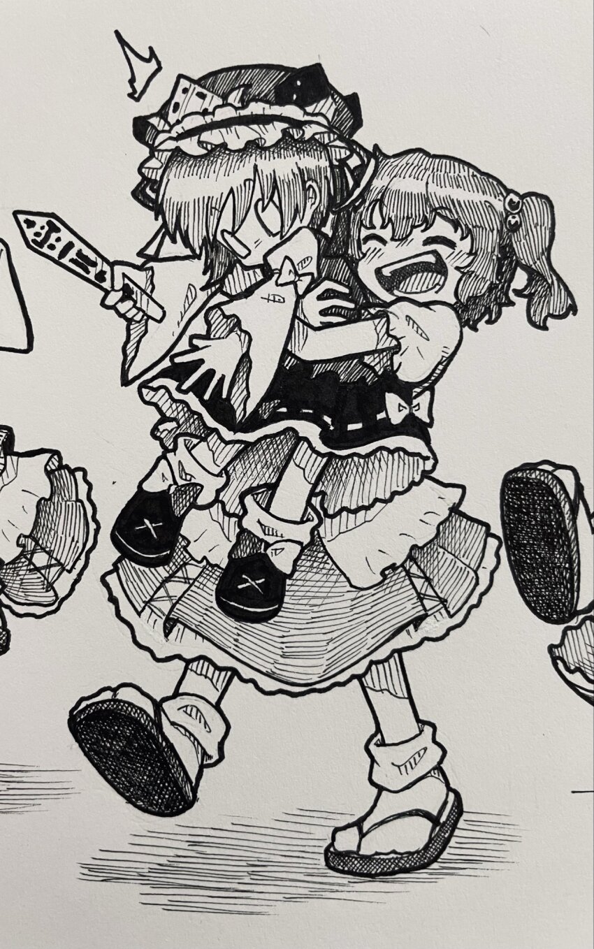 2girls ^^^ blush frilled_hat frills hair_bobbles hair_ornament hat highres hug hug_from_behind long_sleeves multiple_girls onozuka_komachi photo_(medium) puffy_short_sleeves puffy_sleeves ribbon-trimmed_skirt ribbon_trim rod_of_remorse sandals shiki_eiki shoes short_sleeves skirt socks suteruko touhou traditional_media vest wide_sleeves