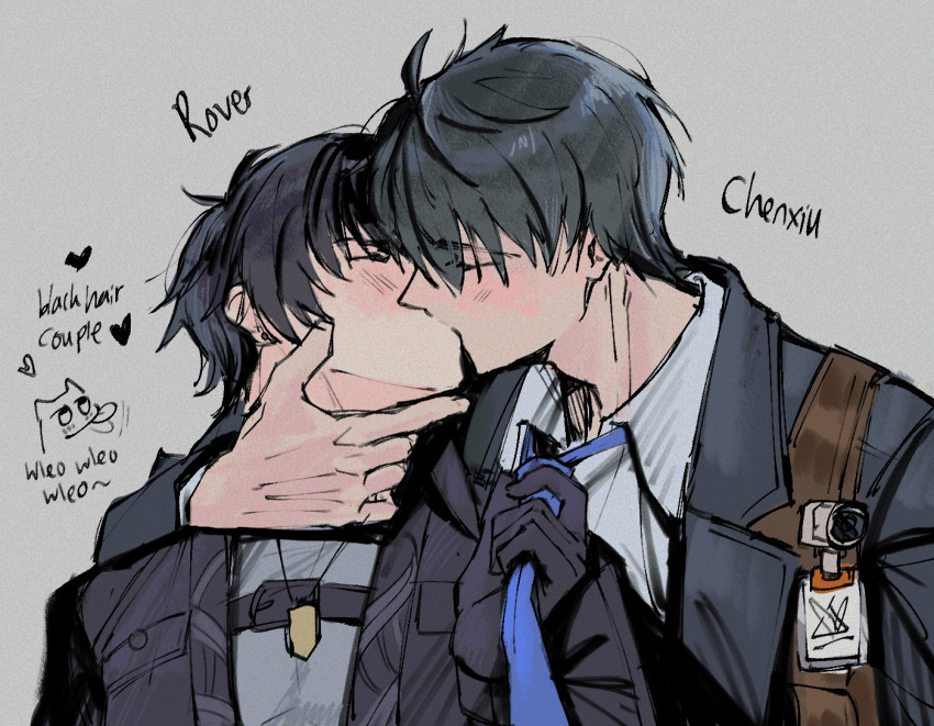2boys ananta artist_self-insert badge black_gloves black_hair black_jacket black_suspenders blue_hair blue_necktie blush brown_vest character_name closed_eyes clothes_grab collared_shirt ear_piercing english_text film_grain gloves grey_background grey_shirt hand_on_another&#039;s_neck heart jacket jewelry kiss looking_at_another male_focus male_protagonist_(ananta) male_rover_(wuthering_waves) multiple_boys neck_grab necklace necktie necktie_grab neckwear_grab pale_skin pendant piercing rover_(wuthering_waves) shirt sketch suspenders vest white_shirt wuthering_waves xiemon