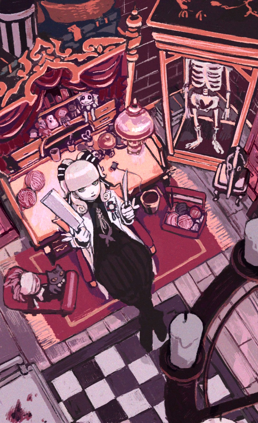 1girl absurdres ace_attorney black_pants black_shoes butcher_knife candle coat green_eyes grey_hair he_lsinki highres knife maria_gorey pants room shoes skeleton solo the_great_ace_attorney the_great_ace_attorney_2:_resolve white_coat