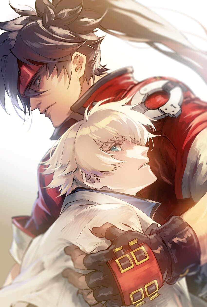 2boys black_trim blonde_hair blue_eyes brown_eyes brown_hair closed_mouth collared_jacket commentary_request fingerless_gloves gloves guilty_gear guilty_gear_strive hand_on_another&#039;s_shoulder headband highres jacket kin_mokusei ky_kiske long_hair looking_to_the_side male_focus multicolored_gloves multiple_boys parted_lips ponytail profile red_headband red_jacket short_hair sleeve_cuffs sol_badguy upper_body very_long_hair white_background white_jacket