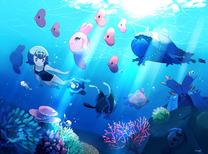 1girl alomomola bad_id bad_twitter_id blue_eyes blue_hair blue_theme bruxish bubble finneon gen_3_pokemon gen_4_pokemon gen_5_pokemon gen_7_pokemon hairband lana_(pokemon) lumineon luvdisc mei_(maysroom) nintendo one-piece_swimsuit pokemon pokemon_(creature) pokemon_sm popplio rock short_hair smile swimming swimsuit toxapex trial_captain underwater wimpod wishiwashi wishiwashi_(school) wishiwashi_(solo)