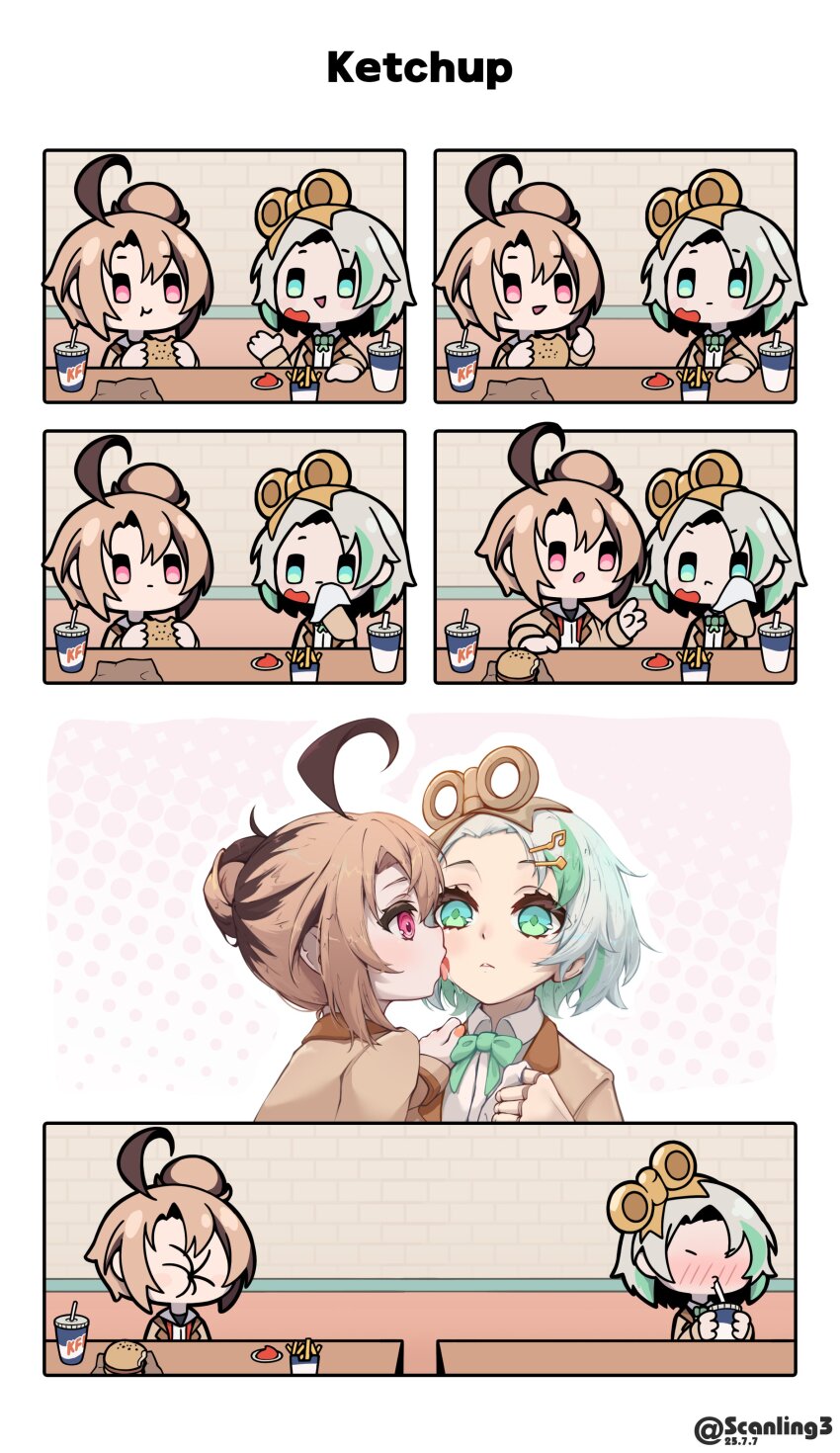 2girls absurdres ahoge blush brown_hair burger cecilia_immergreen cup disposable_cup drinking_straw eating food food_on_face french_fries gigi_murin highres hololive hololive_english licking licking_another&#039;s_face multicolored_hair multiple_girls open_mouth pink_eyes scanling short_hair two-tone_hair virtual_youtuber winding_key yuri