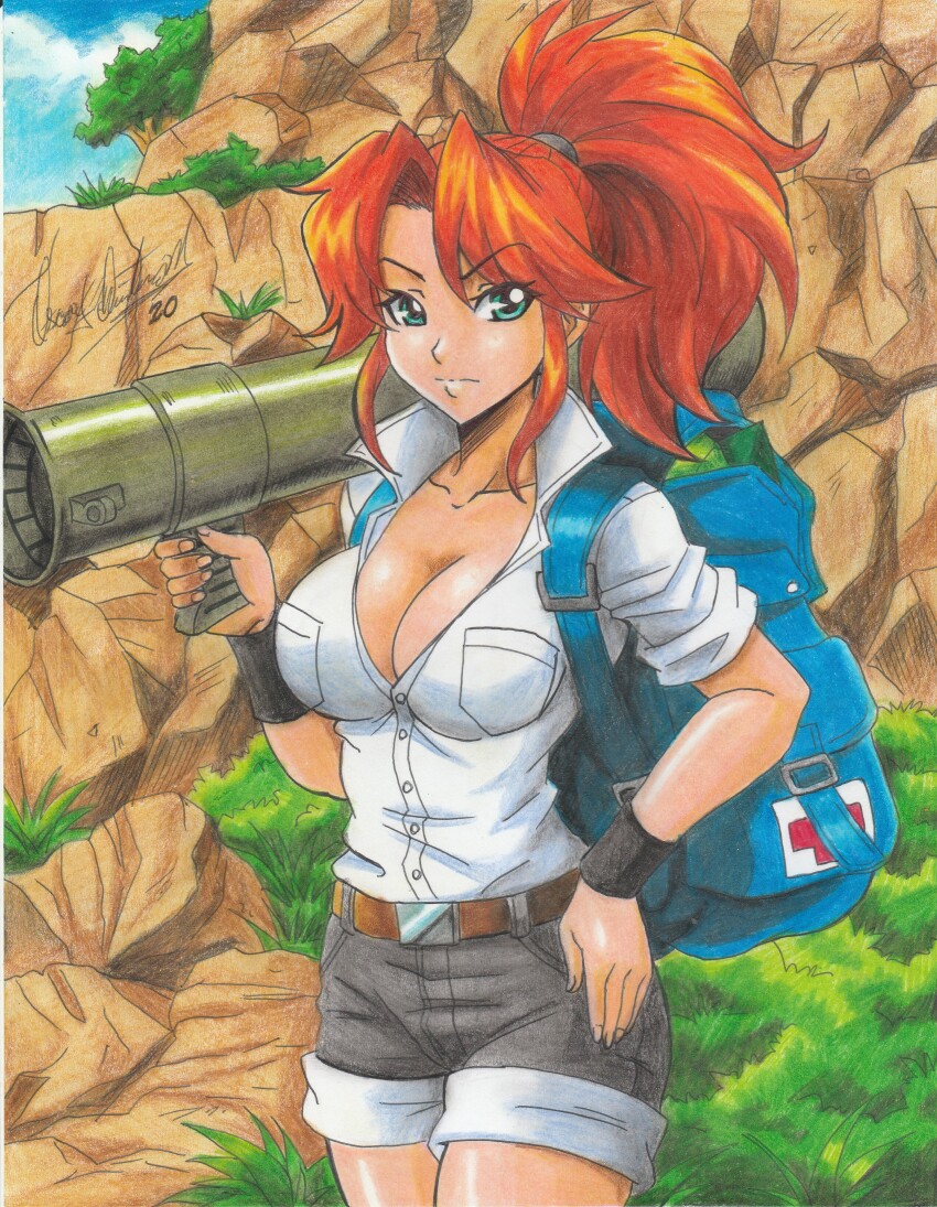 1girl 2020 absurdres aikawa_madoka bag bazooka belt blue_eyes breasts cleavage collarbone day first_aid_kit highres large_breasts metal_slug orange_hair outdoors ponytail ravernclouk_design shirt shorts snk solo weapon