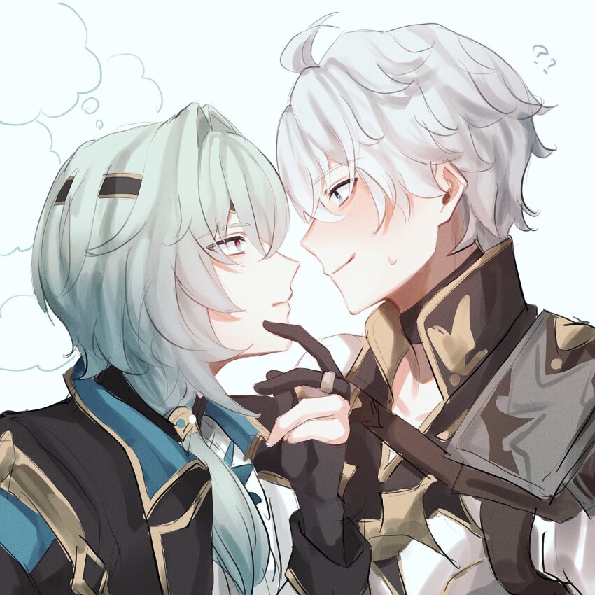 ? ?? anaxa_(honkai:_star_rail) aqua_hair armor black_gloves black_jacket blush closed_mouth fz7047 gloves grey_hair highres honkai:_star_rail honkai_(series) jacket looking_at_another male_focus phainon_(honkai:_star_rail) short_hair shoulder_armor side_ponytail smile sweatdrop upper_body yaoi