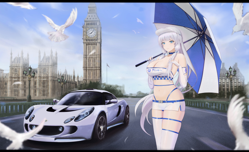 1girl absurdres alternate_costume azur_lane bikini bikini_under_clothes bird breasts car choker copyright_name cowboy_shot day dove elbow_gloves elizabeth_tower falling_feathers feathers gloves highres illustrious_(azur_lane) kcar66t large_breasts london lotus_(brand) lotus_exige low_ponytail miniskirt mole mole_under_eye motor_vehicle partially_fingerless_gloves ponytail product_placement race_queen real_world_location road royal_navy_emblem_(azur_lane) skirt sky swimsuit thigh_strap thighhighs umbrella visor_cap westminster_bridge westminster_palace white_car white_hair