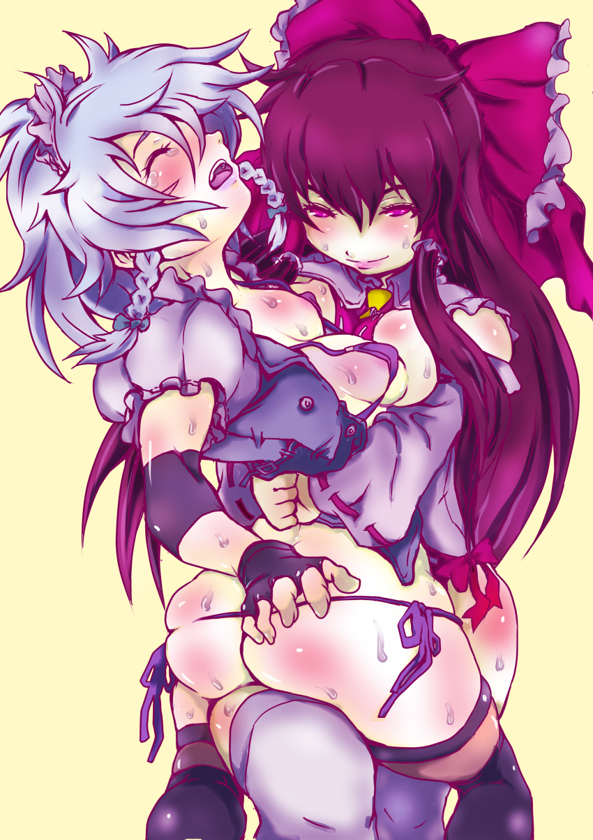 2girls absurdres ass bearhug bikini blush bow braid breasts brown_hair closed_eyes detached_sleeves grey_hair hair_bow hakurei_reimu highres hug izayoi_sakuya long_hair maid_headdress multiple_girls open_mouth pain panties red_bow red_eyes ribbon ryona shirotateto short_hair side-tie_panties smile submission_hold sweat swimsuit tears touhou touhou_tag_dream twin_braids underwear wrestling wrestling_outfit
