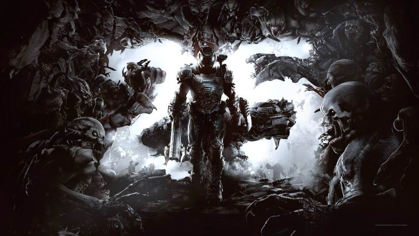 1boy 6+others absurdres anniversary arm_blade armor backlighting bad_source biceps boots brain character_doll demon doll doom_(series) doom_eternal doomguy doot_(meme) double-barreled_shotgun exposed_brain full_body greyscale gun helmet highres holding holding_instrument holding_trumpet id_software imp_(doom) instrument male_focus meme monochrome multiple_others muscular muscular_male official_art power_armor praetor_suit revenant_(doom) shotgun shoulder_cannon trumpet veins veiny_arms weapon zombie