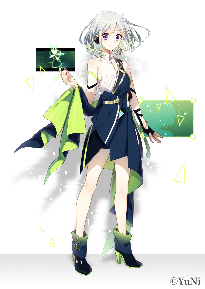 1girl black_boots black_gloves black_nails blue_dress boots braid closed_mouth collarbone commentary_request covered_collarbone dress fingerless_gloves full_body gloves green_hair hand_up high_heel_boots high_heels highres long_sleeves looking_at_viewer multicolored_hair multicolored_nails nail_polish pleated_dress purple_eyes red_nails sakuragi_ren shirt silver_hair single_glove sleeveless sleeveless_shirt smile solo standing streaked_hair virtual_youtuber white_background white_shirt yuni_(yuni_channel) yuni_channel