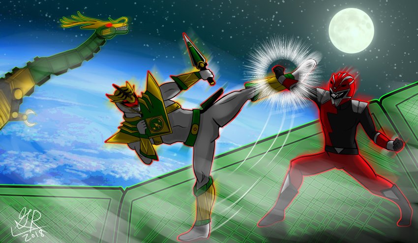 2boys absurdres arm_guards armor battle bodysuit character_request clash codeg11 commentary dagger daijinryuu english_commentary faceless faceless_male fighting_stance full_body gloves gold_armor helmet highres hyperforce_red_ranger knife lord_drakkon marvin_shih mecha mighty_morphin_power_rangers moon multiple_boys power_rangers power_rangers_hyperforce power_rangers_(boom!_studios) red_bodysuit robot science_fiction serpenterra_(mighty_morphin_power_rangers) size_difference space super_robot tagme thunderzords tokusatsu tommy_oliver weapon white_bodysuit