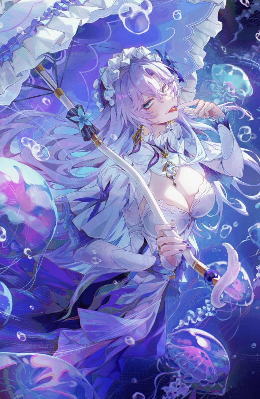 1girl absurdres blue_eyes blue_flower breasts bubble cantarella_(wuthering_waves) commentary_request dress finger_to_tongue fingernails flower hair_between_eyes hair_flower hair_ornament headdress highres holding holding_umbrella jellyfish large_breasts long_hair looking_at_viewer nail_polish parasol purple_hair purple_nails purple_umbrella sagi_(sagi_0116) shrug_(clothing) smile solo tacet_mark_(wuthering_waves) tongue tongue_out umbrella white_dress white_shrug wuthering_waves