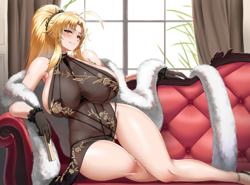 1girl ahoge barbariana_(last_origin) black_gloves blush breasts cho!cho! couch covered_navel curtains dress feather_boa folding_fan gloves halter_dress halterneck hand_fan highleg highleg_panties highres holding holding_fan huge_breasts last_origin long_hair looking_at_viewer official_alternate_costume panties parted_lips ponytail side_slit skindentation smile solo underwear wide_hips window