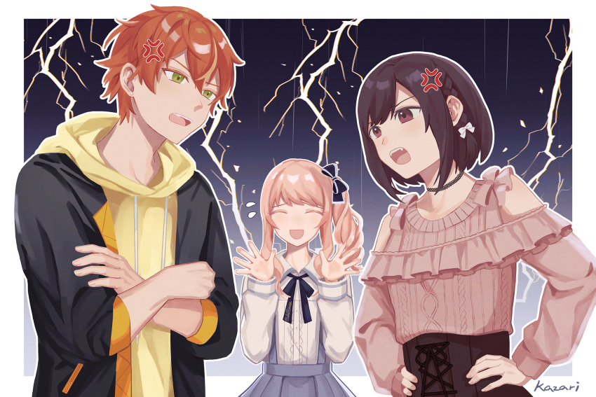 1boy 1girl 1other akiyama_mizuki androgynous anger_vein aran_sweater arguing artist_name bare_shoulders black_bow black_choker black_jacket black_ribbon border bow braid brother_and_sister brown_hair cable_knit choker closed_eyes clothing_cutout commentary crossed_arms drawstring dress earrings eye_contact fingernails flying_sweatdrops frilled_sweater frills green_eyes hair_between_eyes hair_bow hands_on_own_hips hands_up highres hood hood_down hoodie jacket jewelry kazari_(kazaliecho) lace lace_choker lightning lightning_background long_hair long_sleeves looking_at_another neck_ribbon open_clothes open_jacket open_mouth orange_hair outline outside_border pink_hair pink_sweater project_sekai purple_eyes ribbon shinonome_akito shinonome_ena short_hair shoulder_cutout siblings sleeves_pushed_up sweater teeth underbust upper_body upper_teeth_only white_border white_bow white_dress white_outline yellow_hoodie