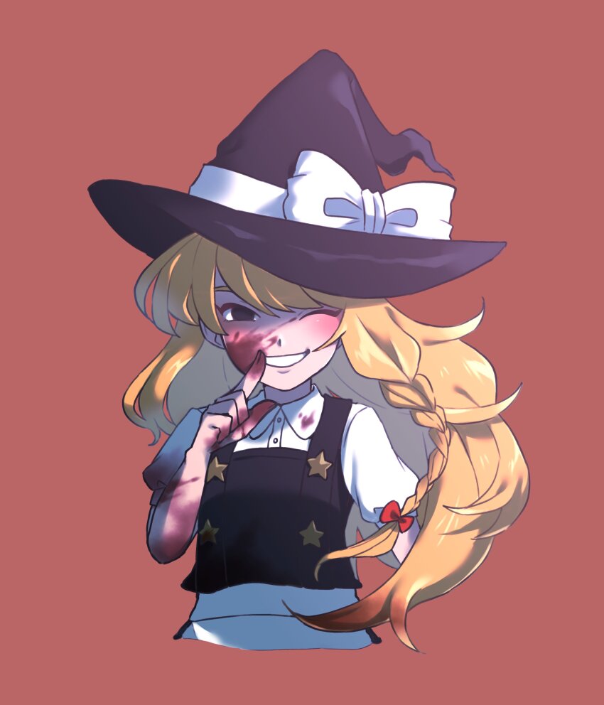 1girl absurdres apron black_eyes black_hat black_vest blonde_hair blood blood_on_clothes blood_on_face blood_on_hands blush bow braid commentary_request cookie_(touhou) cowboy_shot cropped_legs empty_eyes finger_to_mouth fingernails flat_chest grin hair_bow hat hat_bow highres kirisame_marisa long_hair looking_at_viewer one_eye_closed puffy_short_sleeves puffy_sleeves red_background red_bow s_(esumi_kihomaru) shaded_face shirt short_sleeves simple_background single_braid smile solo suzu_(cookie) touhou unusually_open_eyes vest waist_apron white_apron white_bow white_shirt witch_hat
