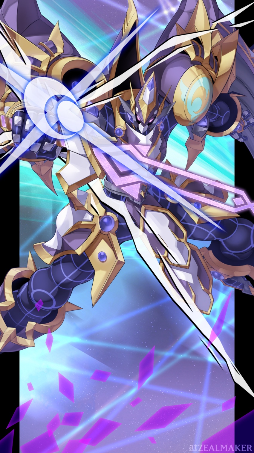 1boy absurdres accesscode_talker accode_talker_@ignister armor artist_name black_border border duel_monster energy_sword full_body highres holding holding_sword holding_weapon purple_eyes solo sword weapon yu-gi-oh! zealmaker
