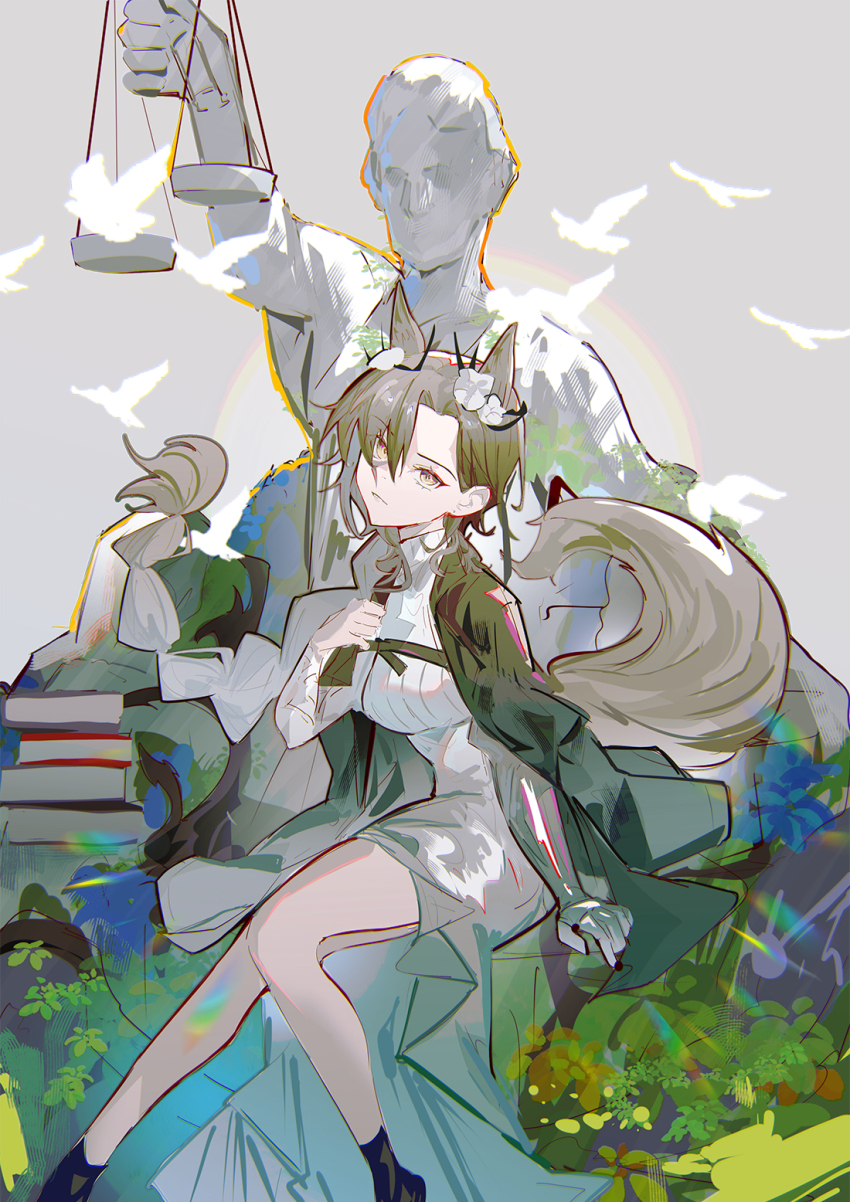 1girl :| animal_ears arknights black_coat book book_stack braid breasts brown_hair closed_mouth coat coat_on_shoulders dress ear_piercing feet_out_of_frame flower gauntlets hair_flower hair_ornament hand_on_own_chest head_tilt highres large_breasts long_hair long_sleeves looking_at_viewer marble_(stone) marble_sculpture naoel_(naoel_art) no_mole parted_lips penance_(arknights) penance_(scribing)_(arknights) piercing side_braid single_gauntlet solo tail weighing_scale white_dress white_flower wolf_ears wolf_girl wolf_tail yellow_eyes