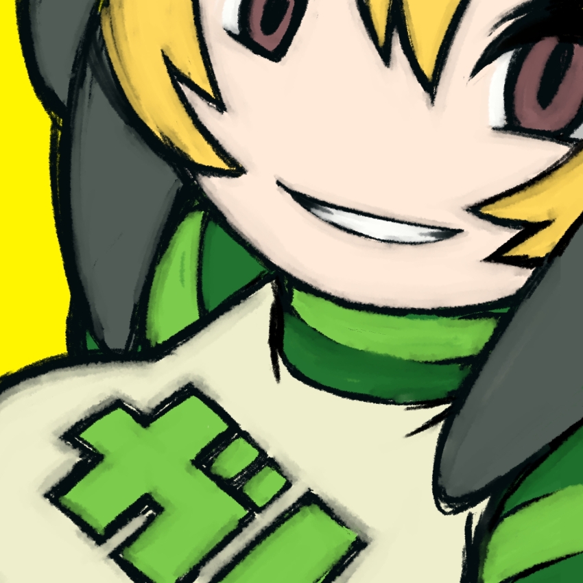 1girl beeru_(veil8801) black_helmet blonde_hair brown_eyes close-up clothes_writing grin gum_(jsr) hair_between_eyes helmet highres jet_set_radio no_nose short_hair simple_background smile solo teeth upper_body yellow_background