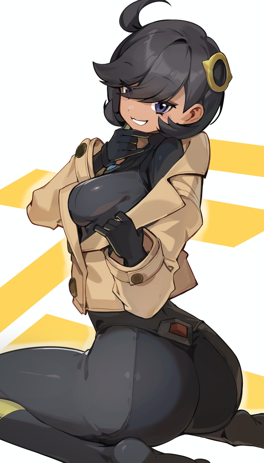 1girl absurdres ass ass_focus black_bodysuit black_hair bodysuit bodysuit_under_clothes breasts brown_jacket commentary_request cowlick curvy dark-skinned_female dark_skin emma_(pokemon) goomrrat grin highres huge_ass jacket jacket_partially_removed looking_at_viewer looking_back medium_breasts mega_stone nintendo pokemon pokemon_legends:_z-a purple_eyes shiny_clothes short_hair simple_background sitting smile solo wariza wide_hips