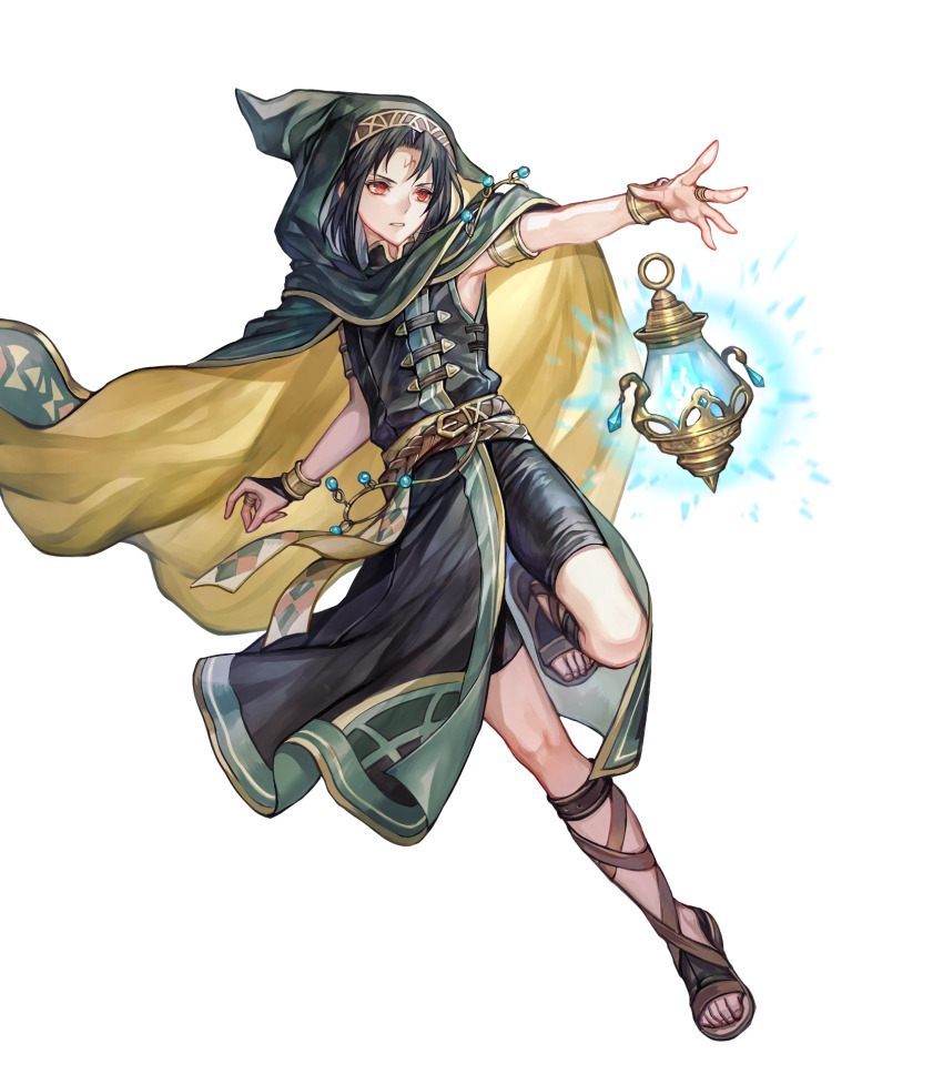 1boy androgynous armlet belt black_hair bracelet cape facial_mark fighting_stance fire_emblem fire_emblem:_radiant_dawn fire_emblem_heroes floating floating_object forehead_mark gladiator_sandals glowing green_cape highres hood hooded_cape jewelry lantern male_focus nintendo non-web_source official_art red_eyes sandals senano-yu soren_(fire_emblem) soren_(khadein)_(fire_emblem) transparent_background two-sided_cape two-sided_fabric yellow_cape