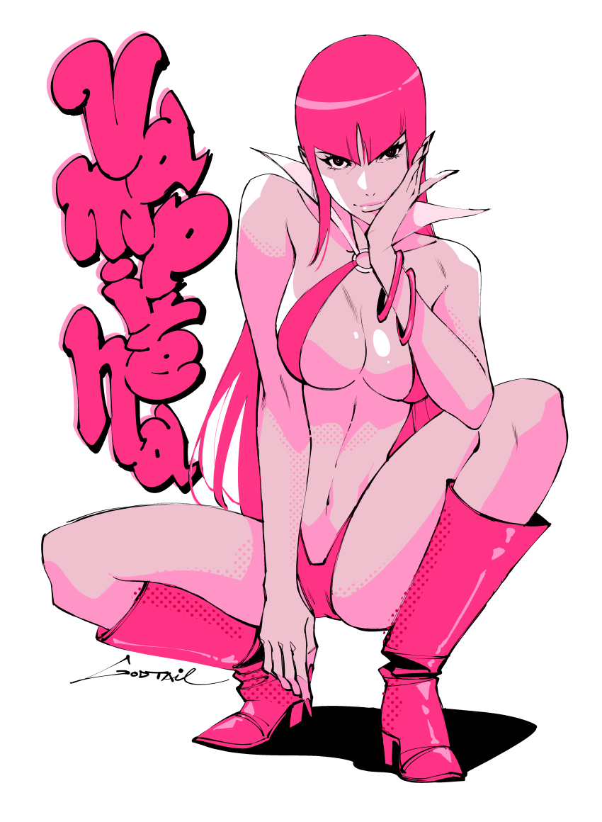 1girl absurdres boots bracelet breasts commentary copyright_name english_commentary godtail highres jewelry large_breasts long_hair navel o-ring o-ring_swimsuit solo swimsuit vampirella vampirella_(character) white_background