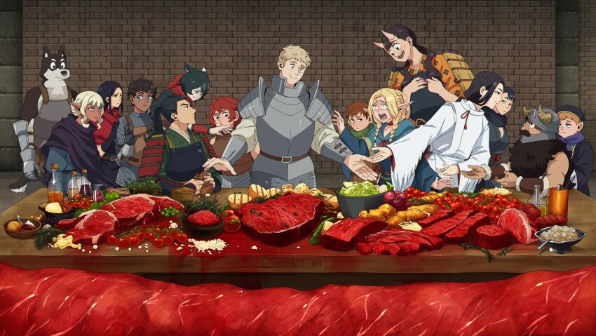 6+boys 6+girls absurdres artist_name black_hair capelet chilchuck_tims commentary dark-skinned_male dark_skin dungeon_meshi english_commentary everyone fine_art_parody food glass_bottle hien highres holm_kranom inkspirate inutade izutsumi kabru kuro_(dungeon_meshi) laios_touden long_hair looking_at_another maizuru marcille_donato mature_female meat multiple_boys multiple_girls namari_(dungeon_meshi) parody reaching reaching_towards_another red_capelet red_hair rin_(dungeon_meshi) senshi_(dungeon_meshi) short_hair shurou standing table the_last_supper thistle_(dungeon_meshi) upper_body watermark