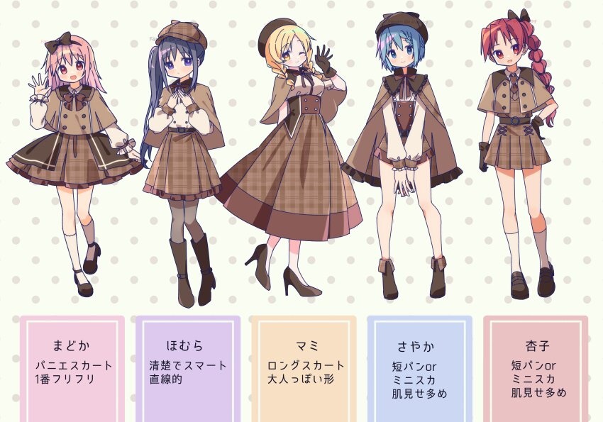 5girls absurdres akemi_homura alternate_costume brown_dress brown_hat brown_jacket detective dress hat highres jacket kaname_madoka mahou_shoujo_madoka_magica miki_sayaka multiple_girls plaid_clothes plaid_dress polka_dot polka_dot_background ruru_(rurumagi) sakura_kyoko tomoe_mami translation_request