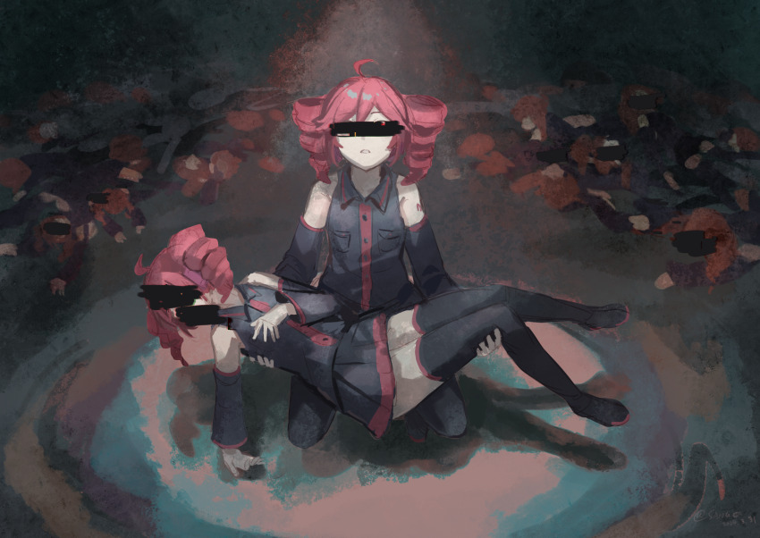 6+girls ahoge bar_censor black_boots black_skirt black_thighhighs boots breast_pocket buttons carrying carrying_person censored censored_identity chinese_commentary clone collared_shirt commentary_request death detached_sleeves drill_hair hair_between_eyes highres kasane_teto kasane_teto_(utau) lying miniskirt multiple_girls number_tattoo on_back on_stomach parted_lips pocket red_hair red_tattoo sang_yu_qwq shirt shoulder_tattoo skirt sleeveless sleeveless_shirt tattoo thigh_boots thighhighs twin_drills utau wing_collar