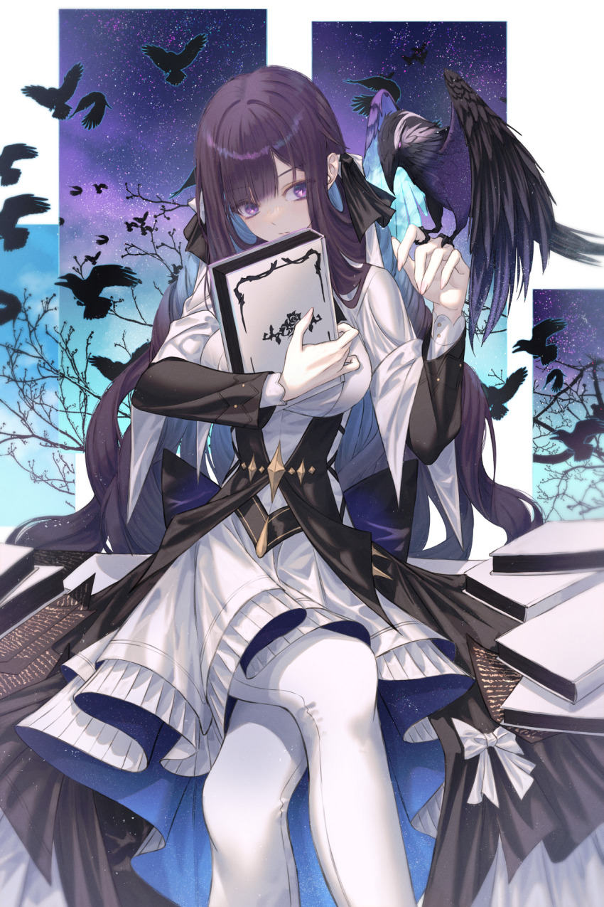 1girl animal animal_on_hand bird black_jacket blunt_bangs book commentary_request crossed_legs crow dress expressionless hair_ribbon highres holding holding_book honkai_(series) honkai_impact_3rd jacket kafka_(honkai_impact) korean_commentary long_hair long_sleeves looking_at_viewer multicolored_dress neon_(pixiv_31150749) purple_eyes purple_hair ribbon sidelocks stigmata very_long_hair white_dress