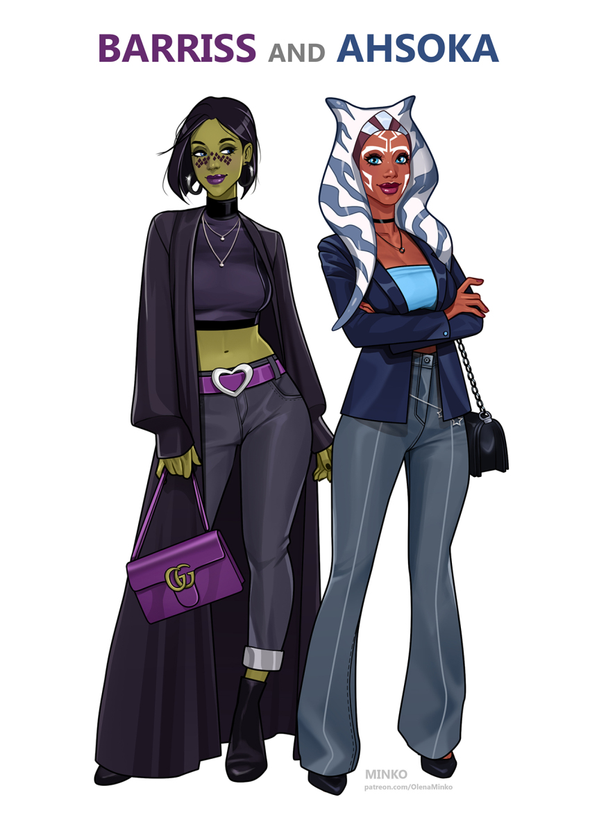 2girls ahsoka_tano alien artist_name bag barriss_offee belt black_coat black_hair black_shirt blue_eyes blue_jacket character_name coat colored_skin crop_top green_skin grey_pants handbag highres jacket jewelry long_coat midriff mirialan multiple_girls necklace olena_minko open_clothes open_coat open_jacket pants patreon_username purple_bag purple_belt shirt star_wars star_wars:_the_clone_wars togruta watermark web_address