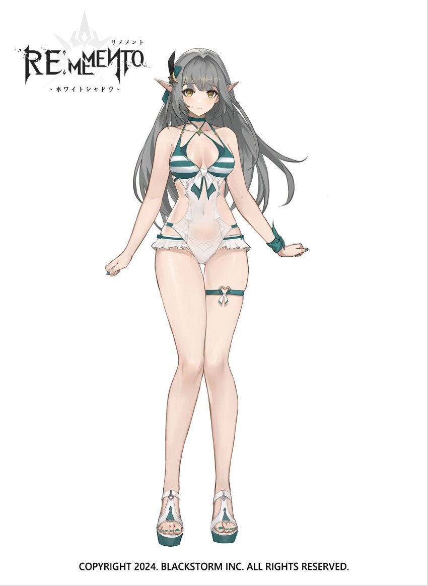 1girl bernice_(rememento) bikini bow cleavage_cutout clothing_cutout copyright_name copyright_notice full_body grey_hair hair_ornament heart heart_o-ring highres logo o-ring o-ring_thigh_strap official_art orange_bow pointy_ears rememento:_white_shadow sandals solo striped_bikini striped_clothes swimsuit thigh_strap white_sandals wrist_bow
