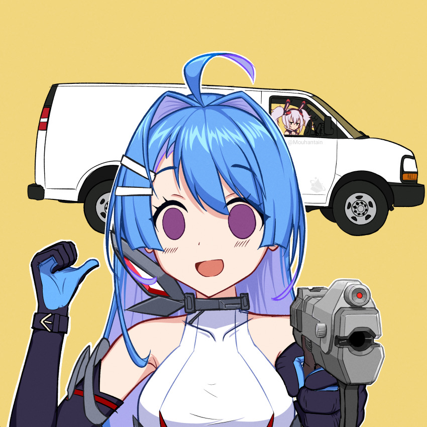 2girls absurdres ahoge azur_lane bare_shoulders blue_hair collarbone commentary elbow_gloves empty_eyes english_commentary gloves gun halo:_combat_evolved halo_(series) handgun helena_(azur_lane) helena_(retrofit)_(azur_lane) highres holding holding_gun holding_weapon laffey_(azur_lane) long_hair motor_vehicle mouhantain multiple_girls open_mouth pointing pointing_at_viewer purple_eyes retrofit_(azur_lane) sidelocks simple_background sleeveless smile swept_bangs twitter_username upper_body van weapon yellow_background