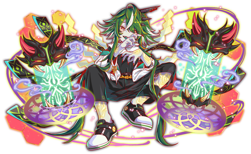 absurdly_long_hair absurdly_long_sidelocks ahoge aqua_tongue artist_request black_pants black_shirt black_sleeves blush cel_shading collar collared_shirt colored_sclera colored_skin covered_navel crash_fever detached_sleeves earrings fingernails full_body game_cg glowing_skin grey_hair hair_between_eyes hair_tubes horns jacket jewelry knot light_particles long_hair long_sleeves looking_at_viewer low-tied_long_hair misumi_(crash_fever) multicolored_hair multicolored_shoes no_socks number_print numbered official_art open_mouth outline pants print_pants red_eyes red_outline red_sclera ribbon-trimmed_sleeves ribbon_trim sharp_fingernails shide shirt shoes sitting smile smoke sneakers solo square square_print streaked_hair tachi-e teeth third-party_source three-quarter_sleeves transparent_background tri_horns two-sided_sleeves two-tone_shoes upper_teeth_only very_long_hair white_collar white_hair white_jacket white_skin white_sleeves wide_sleeves yellow_eyes