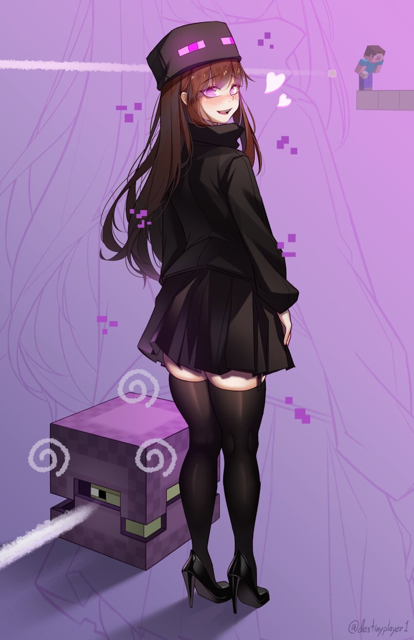 1girl absurdres ander_(at2.) black_skirt black_thighhighs blush brown_hair destinyplayer1 enderman garter_straps hat high_heels highres hood hoodie long_hair long_sleeves looking_at_viewer looking_back minecraft mob_talker open_mouth personification pleated_skirt purple_eyes shulker skirt smile steve_(minecraft) thighhighs very_long_hair
