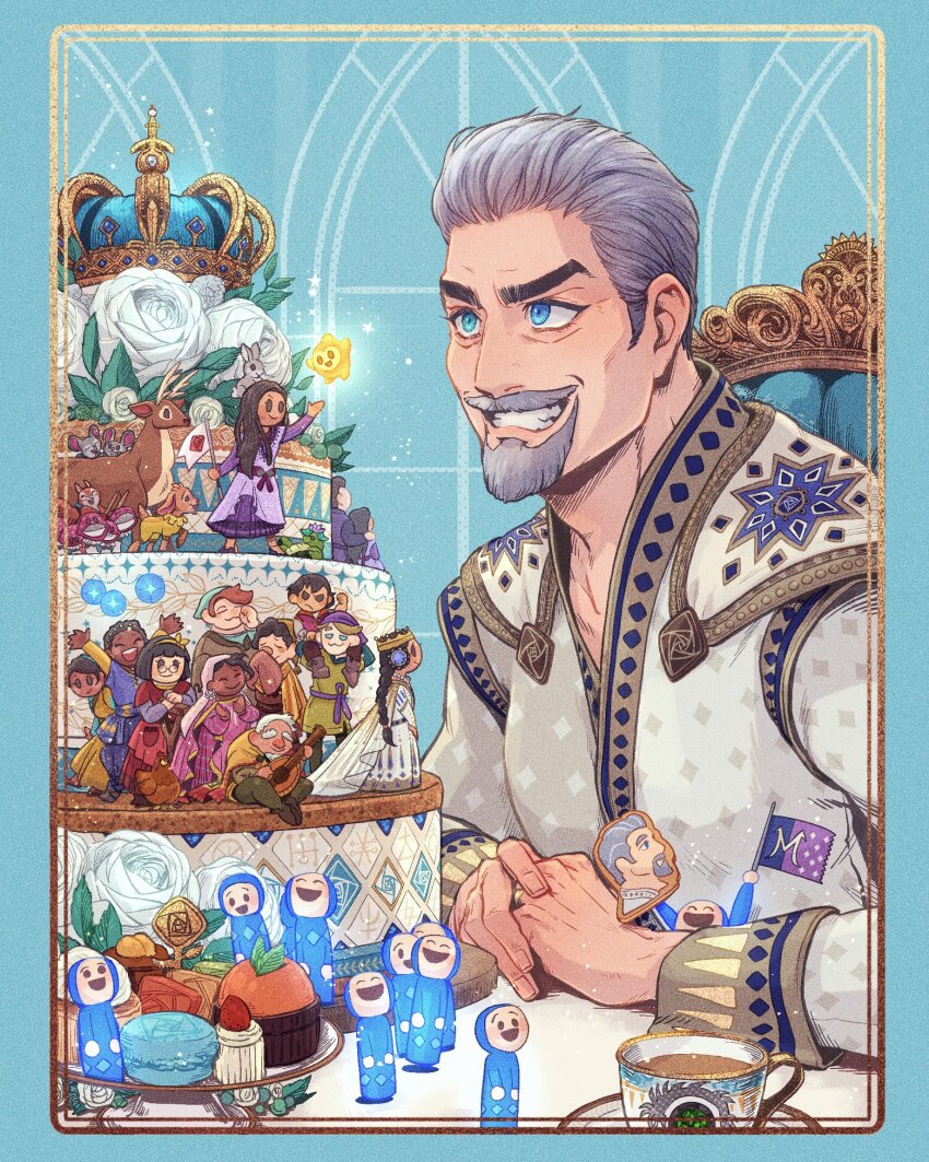 beard blue_background blue_eyes cake cape character_request coat colored_skin crown cup doll facial_hair flower food grey_hair highres king king_magnifico looking_at_another male_focus mature_male momochi_(bmbmomomo) mustache rose short_hair smile solo_focus teacup teeth thick_eyebrows thick_mustache white_cape white_coat white_flower white_rose white_skin wish_(disney)