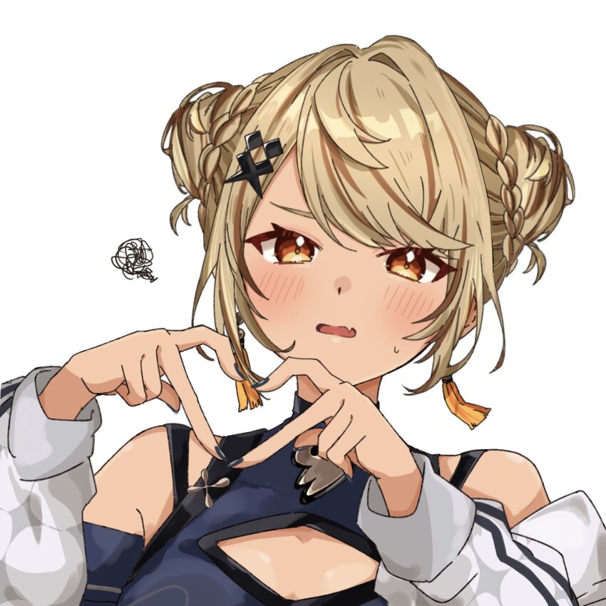 1girl four-finger_heart_hands black_nails blonde_hair blush double_bun fang hair_bun hair_ornament heart heart_hands highres kaminari_qpi kaminari_qpi_(4th_costume) looking_at_viewer open_mouth orange_eyes simple_background solo squiggle sweatdrop unimaru_go virtual_youtuber vspo! white_background