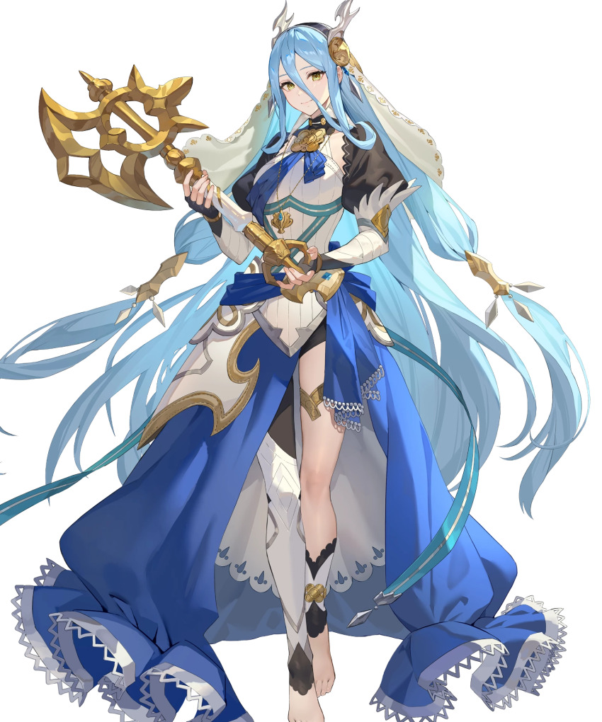 1girl axe azura_(fire_emblem) azura_(song&#039;s_reflection)_(fire_emblem) barefoot black_gloves blue_cape blue_hair blue_sash cape corrin_(female)_(fire_emblem) corrin_(female)_(fire_emblem)_(cosplay) corrin_(fire_emblem) cosplay dragon_horns fake_horns fingerless_gloves fire_emblem fire_emblem_fates fire_emblem_heroes gloves headdress highres holding holding_axe horns jewelry lace-trimmed_cape long_hair looking_at_viewer nintendo non-web_source official_alternate_costume official_art sash single_leg_pantyhose smile solo tachi-e thighlet very_long_hair waist_cape yellow_eyes
