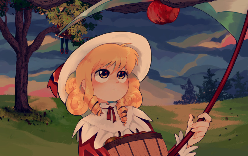 2girls apple black_pantyhose blonde_hair capelet clem_(calmeremerald) cloud cloudy_sky covered_face curly_hair drill_hair dusk elly_(touhou) expressionless food frilled_capelet frilled_sleeves frills fruit grass green_hair hat hat_ribbon highres holding holding_scythe kazami_yuuka kazami_yuuka_(pc-98) long_sleeves looking_up medium_hair multiple_girls neck_ribbon outdoors pantyhose red_footwear red_ribbon ribbon scythe sky smile sun_hat touhou touhou_(pc-98) tree twin_drills upper_body white_capelet white_hat yellow_eyes