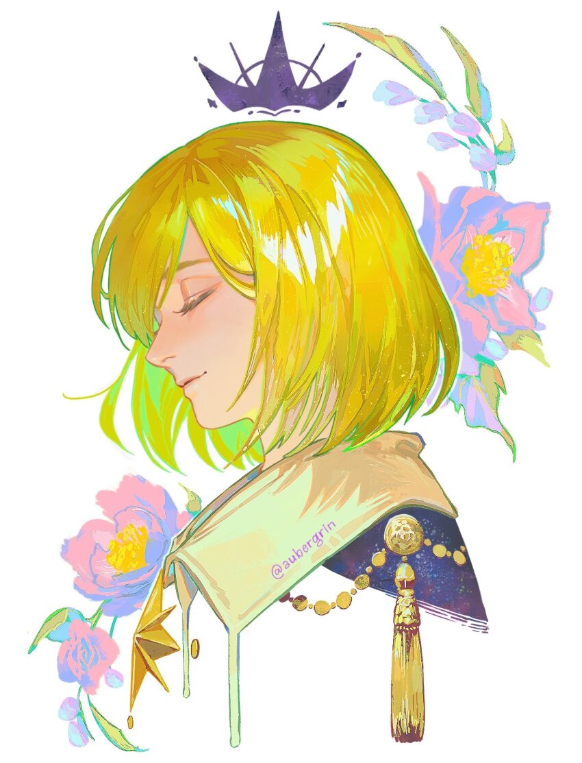 1girl aubergrin blonde_hair closed_eyes closed_mouth coco_(tongari_boushi_no_atelier) crown_print flower highres short_hair solo tassel tongari_boushi_no_atelier upper_body white_background