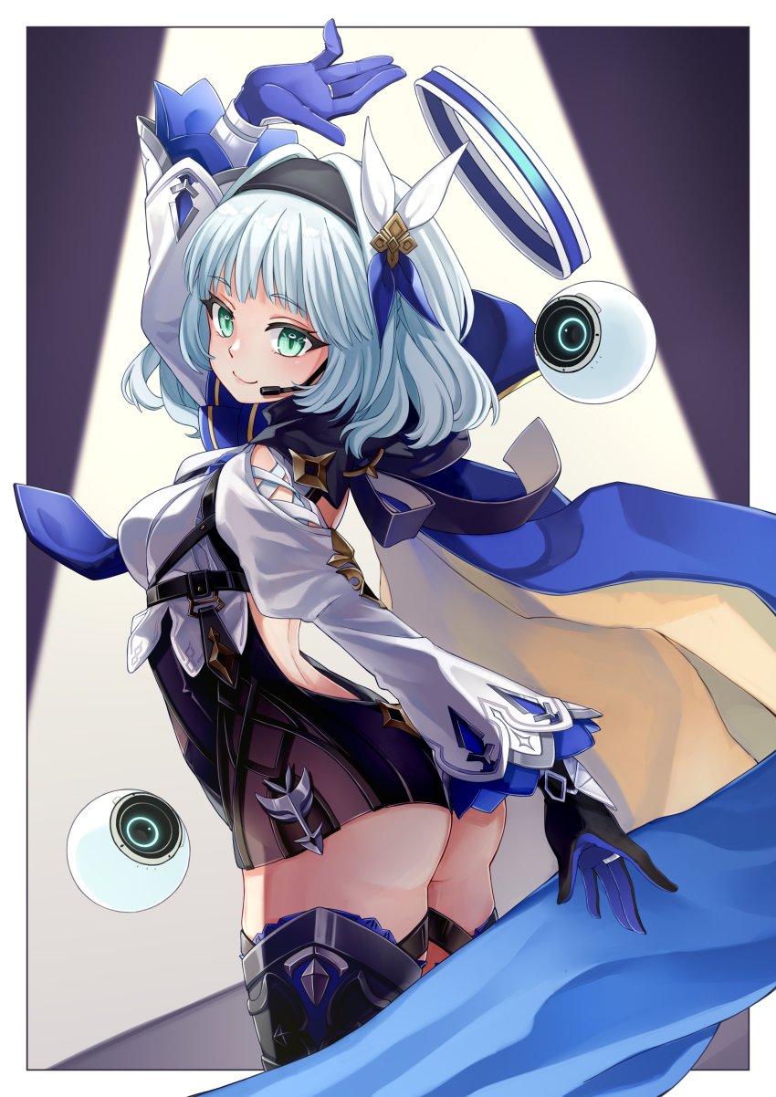 1girl absurdres ass black_hairband black_leotard blue_cape blue_gloves blue_necktie boots breasts cape commission cosplay eula_(genshin_impact) eula_(genshin_impact)_(cosplay) forrest_1000 genshin_impact gloves green_eyes hairband halo headset highres kamishiro_rita leotard mechanical_halo microphone necktie prism_project second-party_source solo thigh_boots virtual_youtuber white_hair white_sleeves