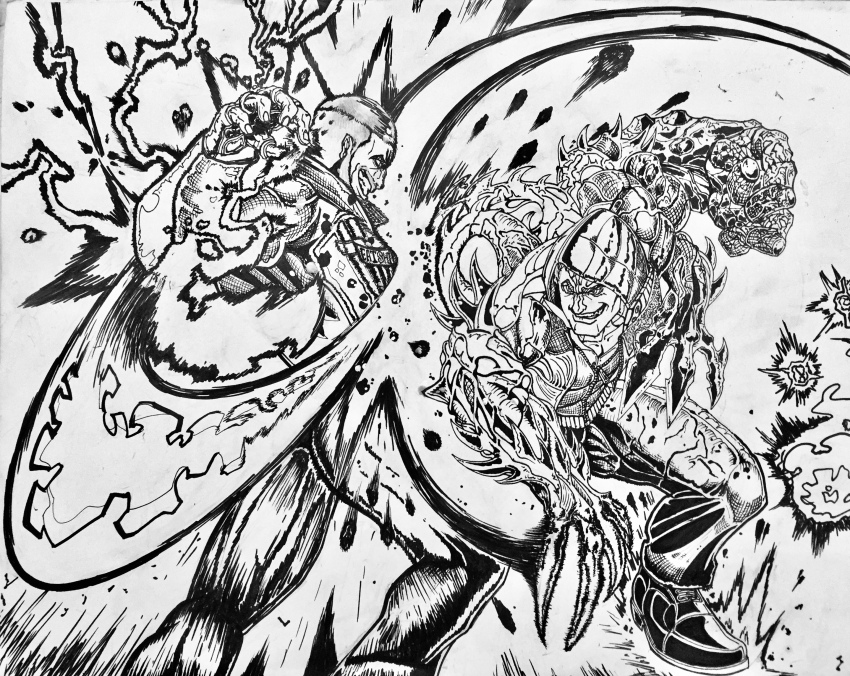 2boys absurdres alex alex_mercer battle black_claws cole_macgrath comic commentary_request crossover death_battle duel electricity evil_grin evil_smile grin highres hood hooded_jacket hoodie infamous ink jacket lighting_firework multiple_boys prototype_(game) shoulder_spikes smile spikes western_comics_(style) white_background