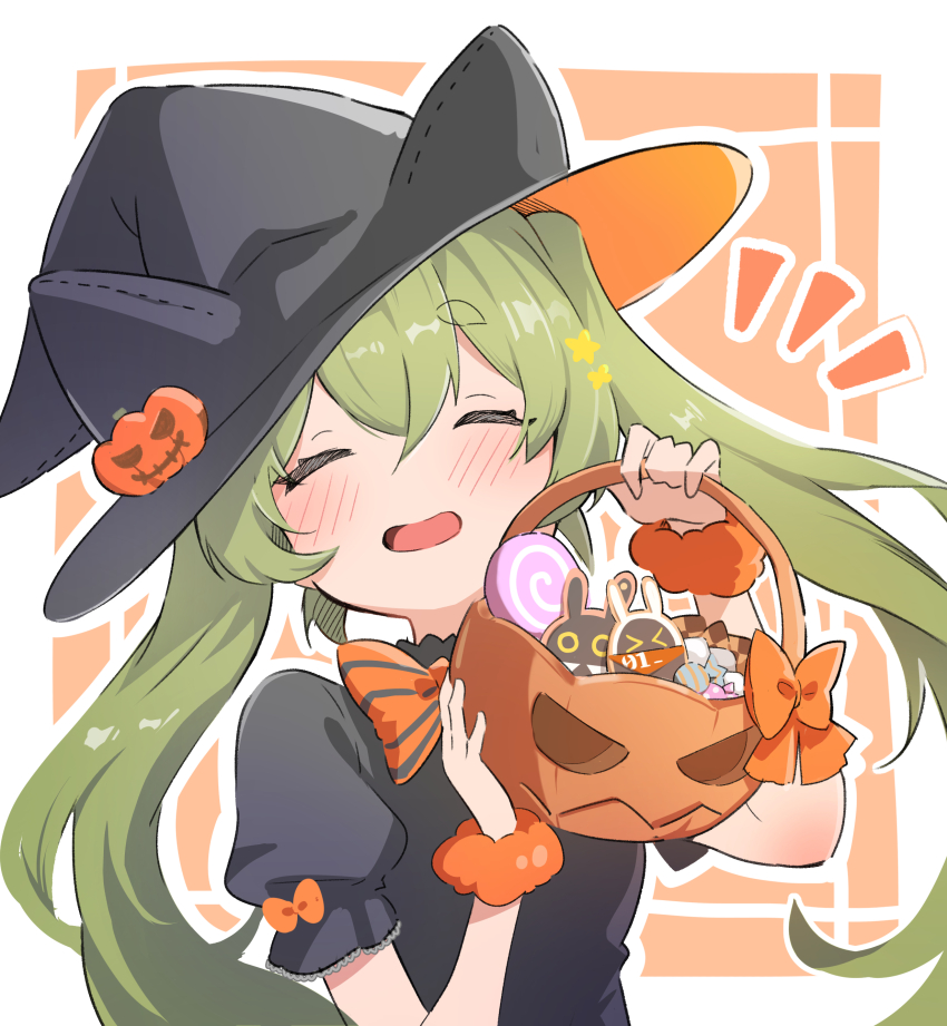 1girl absurdres alternate_costume animal_ear_headwear black_dress blush bow butler_(zenless_zone_zero) candy character_cookie checkerboard_cookie closed_eyes commentary_request cookie corin_wickes dress eous_(zenless_zone_zero) fake_animal_ears food green_hair halloween_bucket hat highres holding kashi_su_purin lollipop notice_lines open_mouth orange_bow pumpkin_hat_ornament solo twintails witch_hat zenless_zone_zero