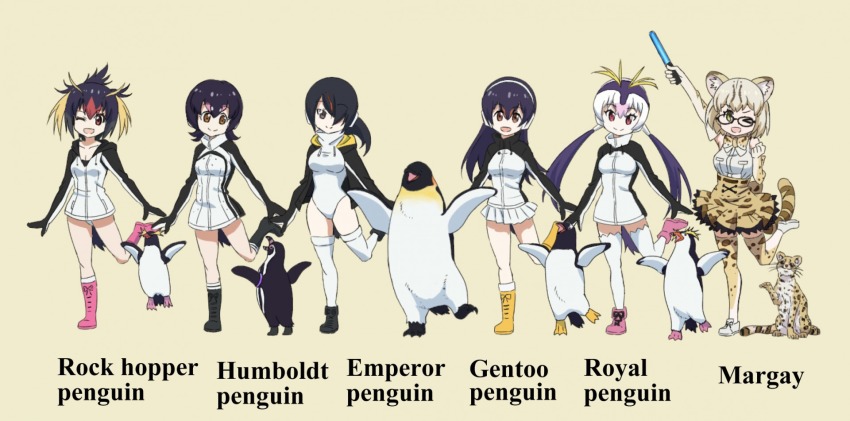 6+girls :d ;d animal_print arm_up baton beige_background bird black-framed_eyewear black_footwear black_hair blonde_hair boots brown_eyes clenched_hand closed_mouth commentary_request creature_and_personification drawstring elbow_gloves emperor_penguin emperor_penguin_(kemono_friends) english_text gentoo_penguin gentoo_penguin_(kemono_friends) glasses gloves glowstick hair_over_one_eye hairband headphones high-waist_skirt highres holding holding_glowstick hood hood_down hooded_leotard hoodie humboldt_penguin humboldt_penguin_(kemono_friends) jacket kemono_friends leg_up leotard long_hair long_sleeves looking_at_viewer low_twintails margay margay_(kemono_friends) medium_hair messy_hair miniskirt multicolored_hair multiple_girls name_connection no_pants one_eye_closed open_mouth penguin penguins_performance_project_(kemono_friends) personification pink_boots pleated_skirt print_gloves print_legwear print_skirt red_hair rockhopper_penguin rockhopper_penguin_(kemono_friends) royal_penguin royal_penguin_(kemono_friends) shirt shoes short_hair side_ponytail silver_hair simple_background skirt sleeveless sleeveless_shirt smile standing standing_on_one_leg swept_bangs thighhighs twintails white_hairband white_hoodie white_jacket white_legwear white_leotard white_shirt white_skirt yamaguchi_yoshimi yellow_boots yellow_legwear yellow_skirt