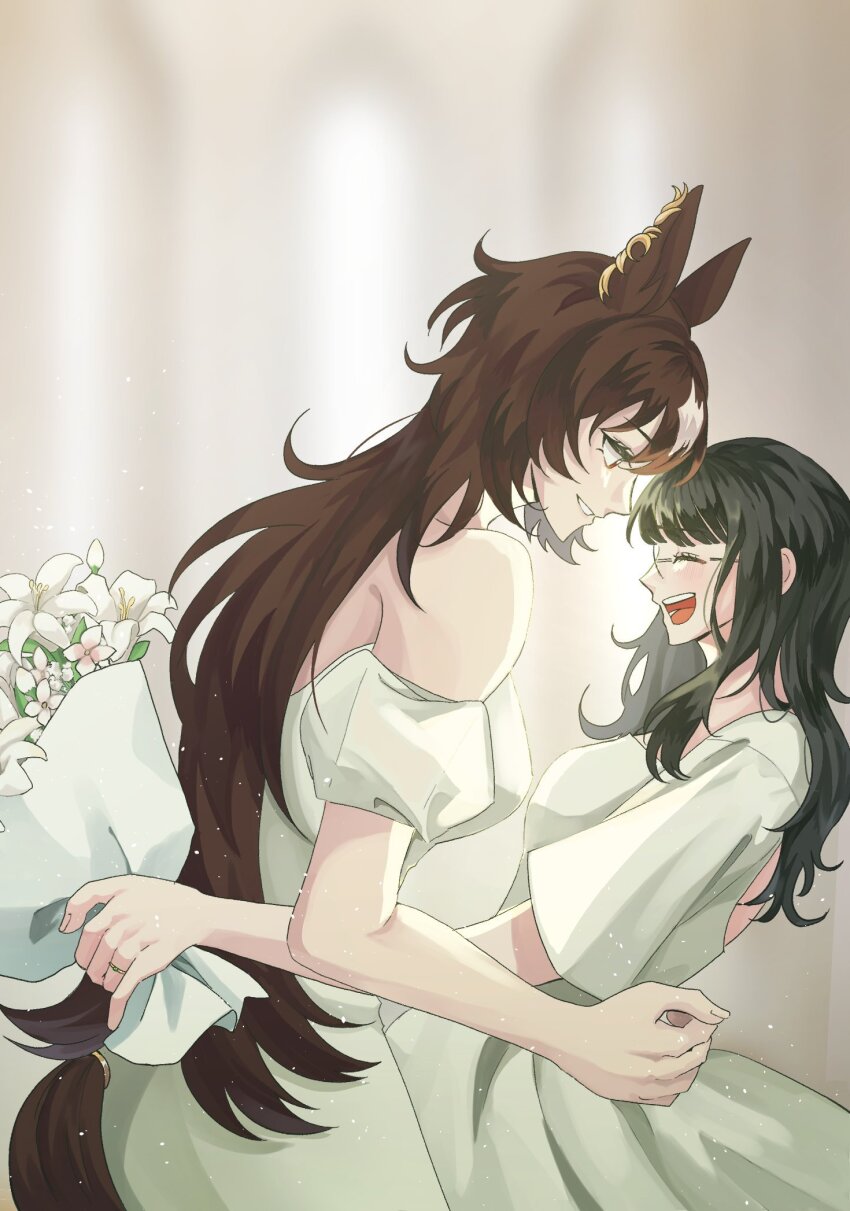 2girls :d ^_^ akira_(bujori) animal_ears black_hair bouquet brown_hair brown_tail bujori closed_eyes clothing_cutout commentary dress ear_ornament female_focus female_trainer_(umamusume) flower glasses happy height_difference highres holding holding_bouquet horse_ears horse_girl jewelry leaning_forward lily_(flower) long_hair looking_at_another multiple_girls oc_x_canon open_mouth original profile ring sirius_symboli_(umamusume) smile tail tail_through_clothes trainer_(umamusume) umamusume wedding_dress white_dress white_flower wife_and_wife yuri