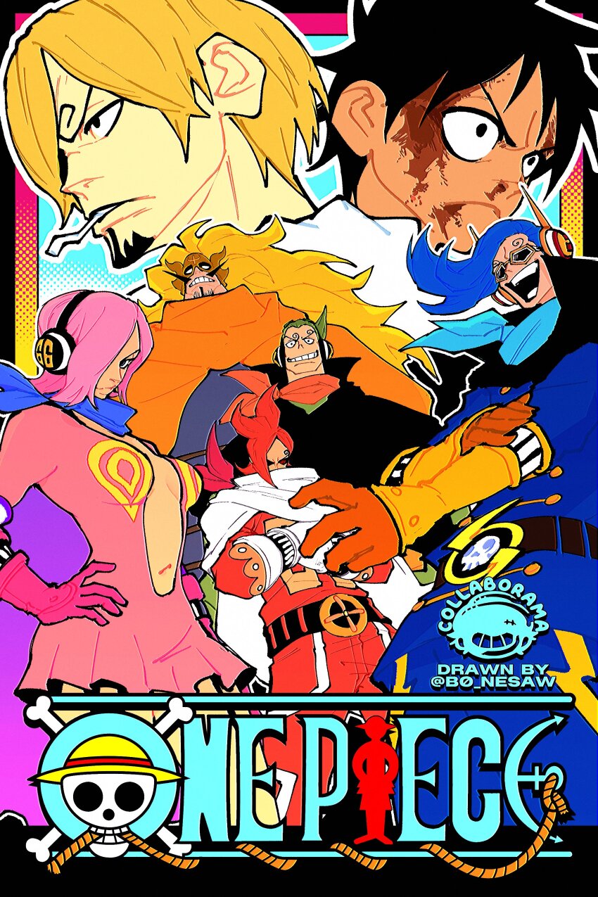 1girl 6+boys absurdres black_hair blonde_hair blood blood_on_face blue_hair bonesaw_(rdkshinku) brother_and_sister cigarette commentary copyright_name crossed_arms curly_eyebrows dress evil_smile facial_hair father_and_daughter father_and_son gloves goatee green_hair hair_over_one_eye hand_on_own_hip headphones highres long_hair medium_hair monkey_d._luffy multiple_boys mustache one_piece open_mouth pink_hair plunging_neckline red_hair sanji_(one_piece) sash short_dress short_hair siblings smile twitter_username vinsmoke_ichiji vinsmoke_judge vinsmoke_niji vinsmoke_reiju vinsmoke_yonji